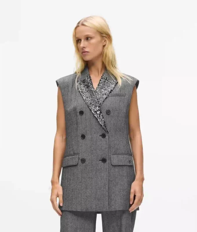 Gilet en tweed à revers pailleté Gilet en tweed à revers pailleté