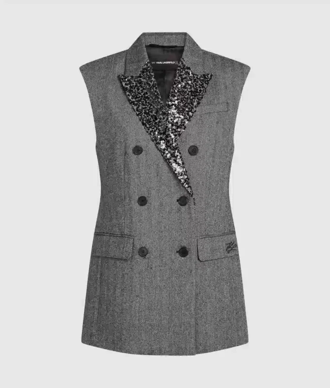 Gilet en tweed à revers pailleté Gilet en tweed à revers pailleté