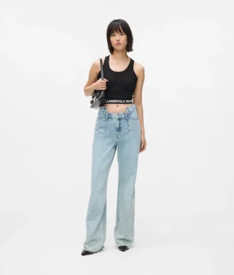 Jean décontracté à taille mi-haute et coutures apparentes