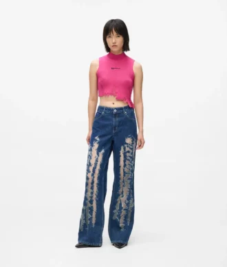 Jean décontracté à taille mi-haute et effet vieilli