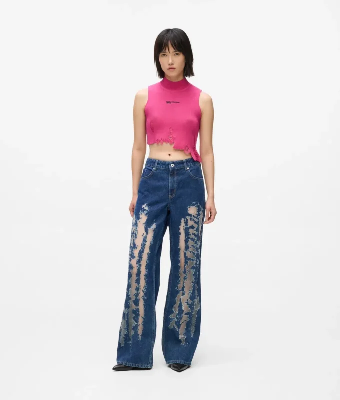 Jean décontracté à taille mi-haute et effet vieilli Jean décontracté à taille mi-haute et effet vieilli