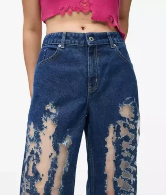 Jean décontracté à taille mi-haute et effet vieilli