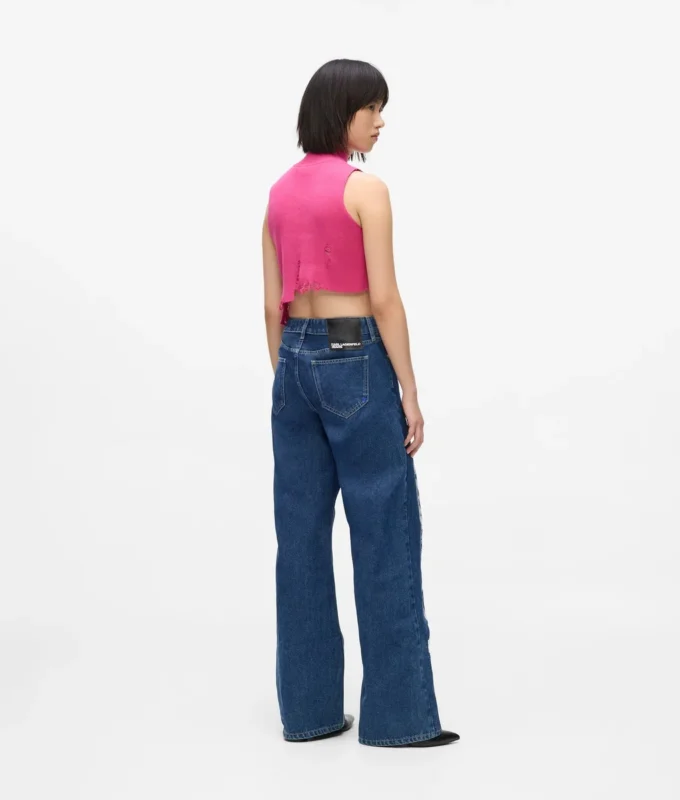 Jean décontracté à taille mi-haute et effet vieilli Jean décontracté à taille mi-haute et effet vieilli