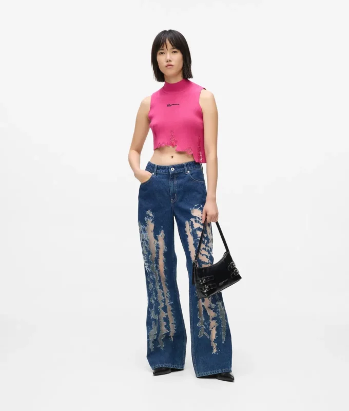 Jean décontracté à taille mi-haute et effet vieilli Jean décontracté à taille mi-haute et effet vieilli