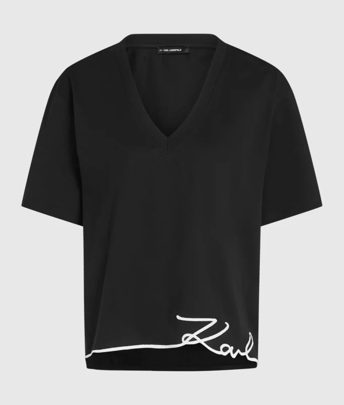 T-shirt à col en V et ourlet signature T-shirt à col en V et ourlet signature
